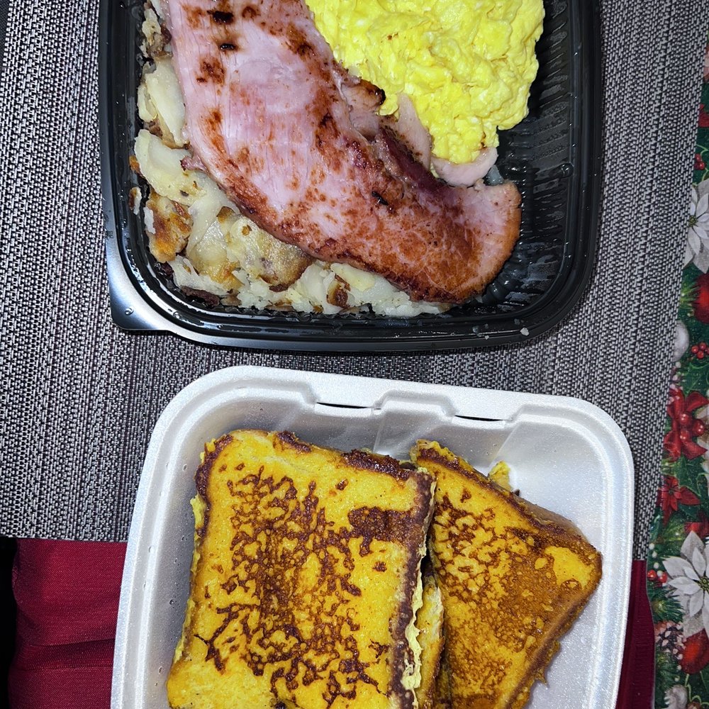 House special. Eggs , ham, the most delicious hash brown potatoes you can get, and french toast. I ordered an extra side of french toast. House special. Eggs , ham, the most delicious hash brown potatoes you can get, and french toast. I ordered an extra side of french toast.