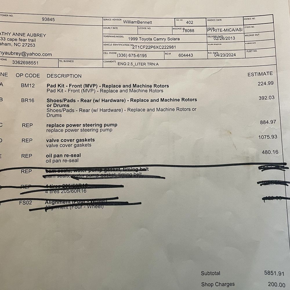 Original Cox Toyota work order