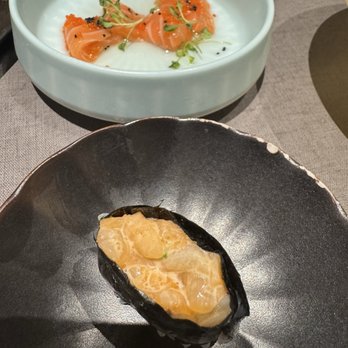 Seven Sushi & Robata - Yuzu marinated salmon crudo and scallop - Sushi Bars Near Me - Houston, Texas Seven Sushi & Robata - Yuzu marinated salmon crudo and scallop - Sushi Bars Near Me - Houston, Texas