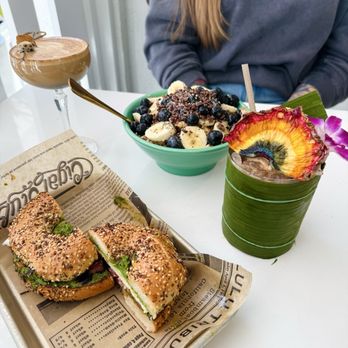 Caje Coffee Roasters - Caprese on everything bagel, Maui brad coffee, Little bowl blue açaí and burnout coffee - Coffee Roasteries Near Me - Ventura, California