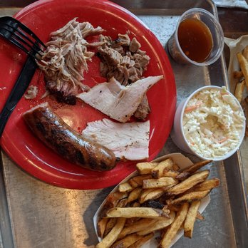 City Barbeque - City sampler with Cole slaw and french fries - Barbeque Near Me - Durham, North Carolina City Barbeque - City sampler with Cole slaw and french fries - Barbeque Near Me - Durham, North Carolina