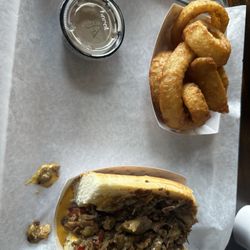 Forefathers Cheesesteaks - Mini Cheesesteak, onion rings and spicy blue cheese
