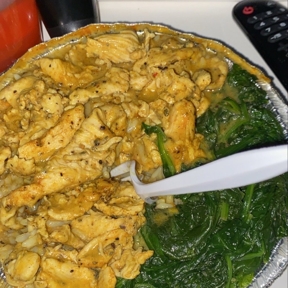 Rice and Things - Boneless chicken curry over rice with spinach - Diners Near Me - Philadelphia, Pennsylvania Rice and Things - Boneless chicken curry over rice with spinach - Diners Near Me - Philadelphia, Pennsylvania