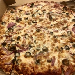 Crispy crust extra cheese, onion and olives, around 10 bucks, not bad!