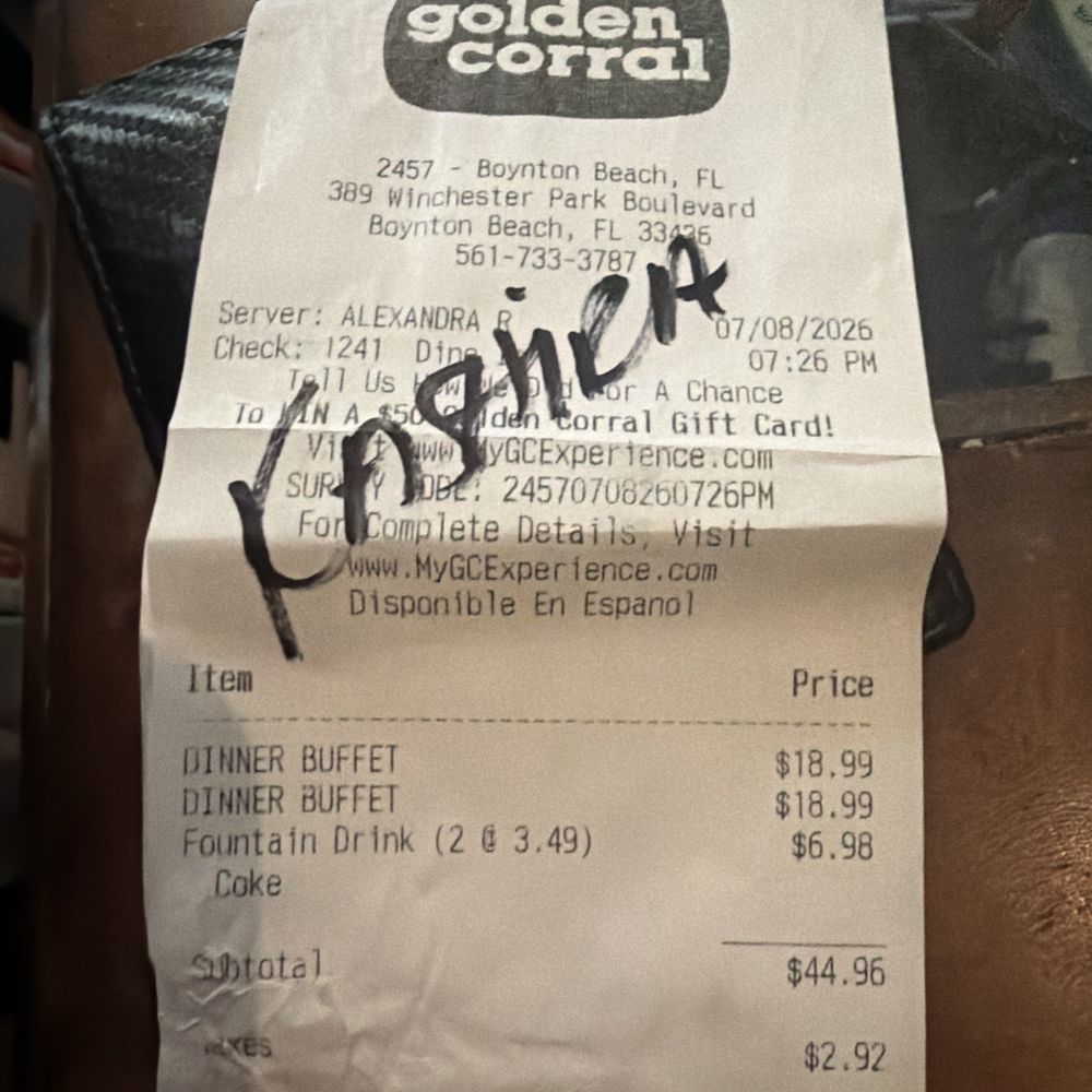 Our receipt. And the waitress named who was supposed to help us when we move to her section. Not sure if I go back. Our receipt. And the waitress named who was supposed to help us when we move to her section. Not sure if I go back.