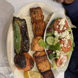 Salmon Kebab with Greek Salad