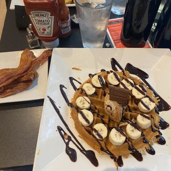 Waffles INCaffeinated - Gluten Free Chunky Monkey Waffle with a side of Side Bacon - Breakfast & Brunch Near Me - Pittsburgh, Pennsylvania