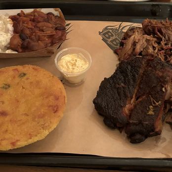 Bad Brads BBQ - Pulled pork, Texas Style Pork Ribs (1/4 rack), 1/2 Pit Beans 1/2 Potato Salad, and Cornbread - Barbeque Near Me - Livonia, Michigan