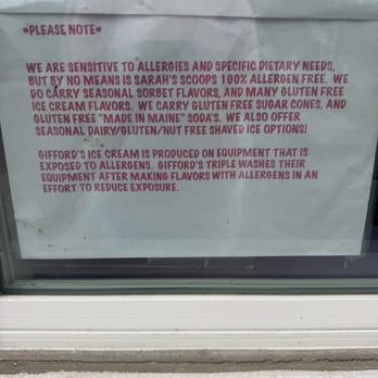 Sarah's Scoops - Allergen and GF notice - Ice Cream & Frozen Yogurt Near Me - Boothbay Harbor, Maine Sarah's Scoops - Allergen and GF notice - Ice Cream & Frozen Yogurt Near Me - Boothbay Harbor, Maine