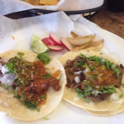Picante Taqueria - On the left: pork  On the right: beef Above: complimentary chips and salsa