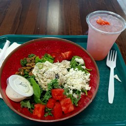 One of my favorites! Strawberry watermelon salad with chicken salad on top and poppy seed dressing. Strawberry watermelon drink on the side.