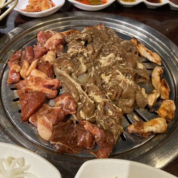 Arirang Korean BBQ - Pork Moksal, Beef Bulgogi (Teriyaki Chicken, and Samgyupsal bits on the right edge) - Korean Near Me - Las Vegas, Nevada Arirang Korean BBQ - Pork Moksal, Beef Bulgogi (Teriyaki Chicken, and Samgyupsal bits on the right edge) - Korean Near Me - Las Vegas, Nevada