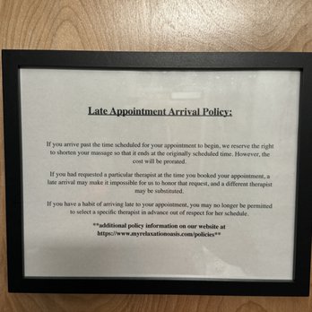 Relaxation Oasis - Late Appointment Notice - Massage Near Me - Brookfield, Wisconsin Relaxation Oasis - Late Appointment Notice - Massage Near Me - Brookfield, Wisconsin