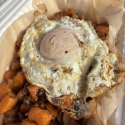 Grown and Grazed - Bourbon glazed sweet potato hash with egg