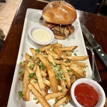 Sidetrack Bar + Grill - Applewood Bacon Burger with Garlic Fries - American Near Me - Pleasanton, California