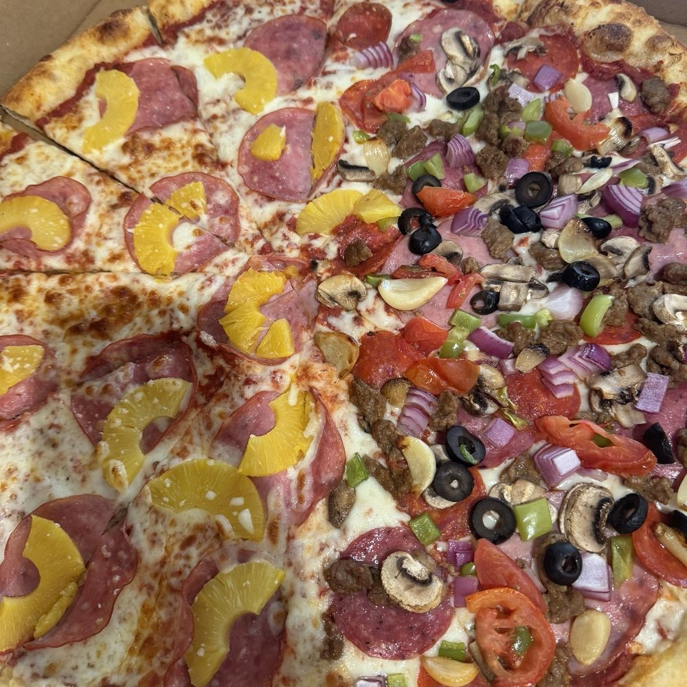Half and half Hawaiian and meat pizza  Chicken wings  Cheese pizza