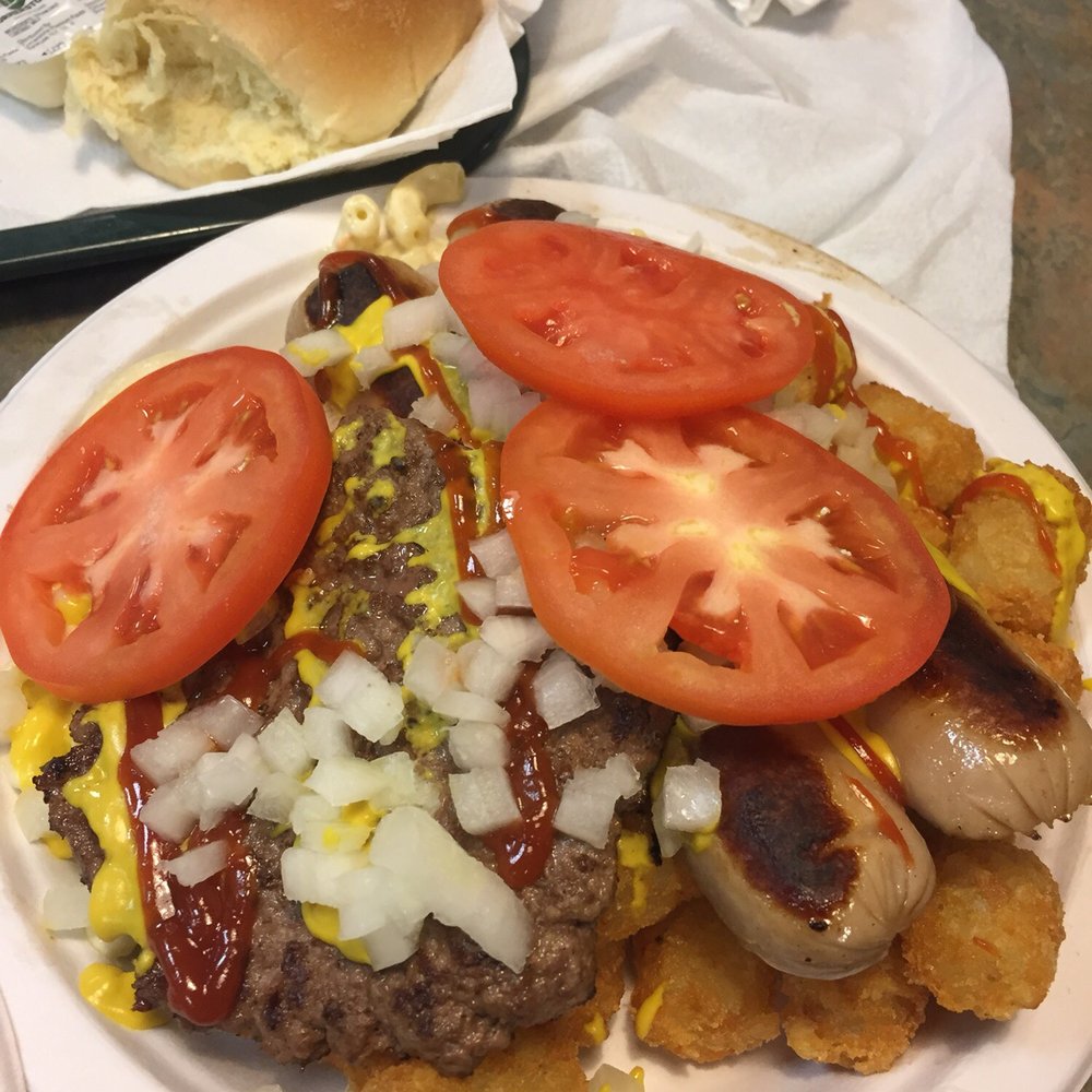 Bill Gray's Seabreeze - Garbage plate with white (veal) hot dog + burger patty. - Hot Dogs Near Me - Rochester, New York