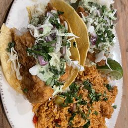 Ale Battered Fish Tacos with spicy (not really) rice. The fish was crunchy and flaky inside.