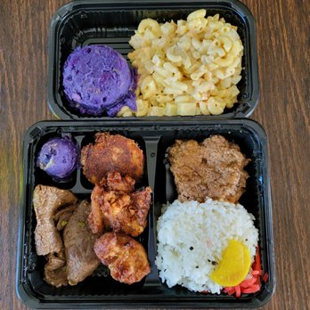 Nani’s Cafe - AAA Threat Bento (Rice on the bottom,Kalbi Beef, Mochiko Chicken, burger patty & Hash) side order Mac salad and Sweet Potato salad - Cafes Near Me - Waialua, Hawaii