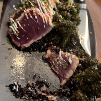 Crooked Gaff Kitchen - Ahí tuna with overcooked broccoli and black rice. - Seafood Near Me - Whittier, California Crooked Gaff Kitchen - Ahí tuna with overcooked broccoli and black rice. - Seafood Near Me - Whittier, California