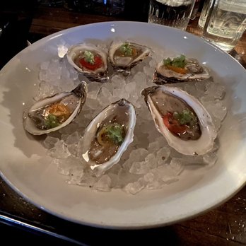 Grey Ghost - 'Chicago-style' oysters. Great idea, but odd execution. Celery seeds, relish & sliced tomato but missing any mustard tang. - American Near Me - Detroit, Michigan Grey Ghost - 'Chicago-style' oysters. Great idea, but odd execution. Celery seeds, relish & sliced tomato but missing any mustard tang. - American Near Me - Detroit, Michigan