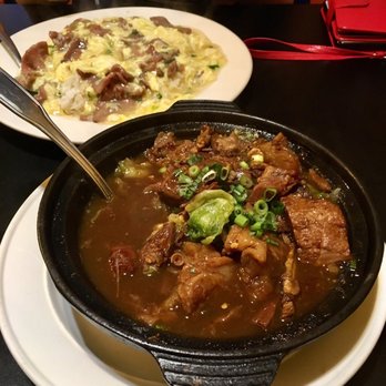 A+ Hong Kong Kitchen - Stone pot beef brisket (front) and beef & egg sauce with rice - Cantonese Near Me - Seattle, Washington