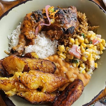 Baobab Fare - Kumuhana - grilled chicken with plantains, corn salad, bean stew, and coconut and spices rice - Coffee & Tea Near Me - Detroit, Michigan Baobab Fare - Kumuhana - grilled chicken with plantains, corn salad, bean stew, and coconut and spices rice - Coffee & Tea Near Me - Detroit, Michigan