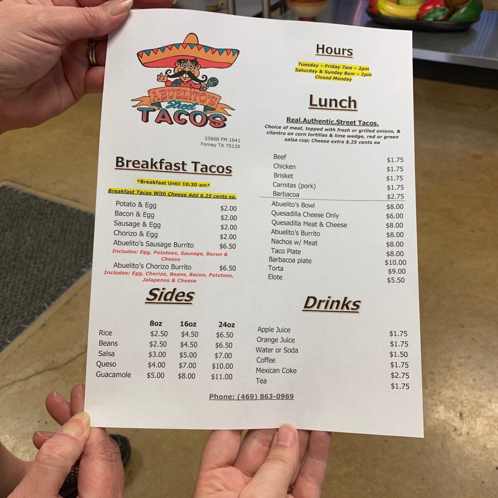Abuelito's Street Tacos - Menu - Mexican Near Me - Forney, Texas