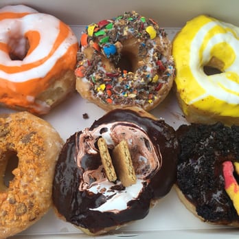 Amy's Donuts - Orange/vanilla, butterfinger, m&m, s'more, lemon/vanilla, "dirty worms". This is why I'll never have abs - Donuts Near Me - Columbus, Ohio