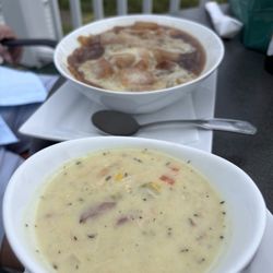 The Landing - French onion soup bowl, corn chowder cup.