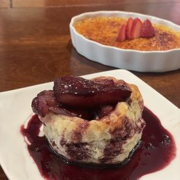 Poached pear and puff pastry brie and the most silky creamy crème brûlée ever! Poached pear and puff pastry brie and the most silky creamy crème brûlée ever!