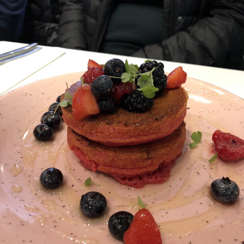 Deer Mama - Kiddie Stack: Stack of 2 Pink Pancakes with Fruit & Agave Syrup - Vegan Near Me - Amsterdam, New Hampshire