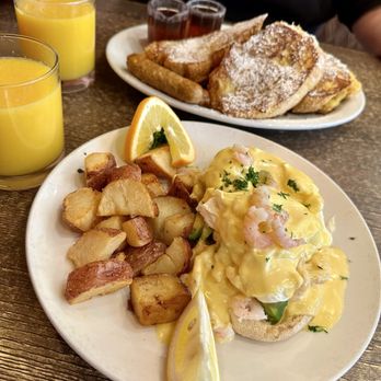 Rosine's Restaurant - Shrimp Benedict substituted with egg whites per my request, French toast, and orange juice - American Near Me - Monterey, California Rosine's Restaurant - Shrimp Benedict substituted with egg whites per my request, French toast, and orange juice - American Near Me - Monterey, California