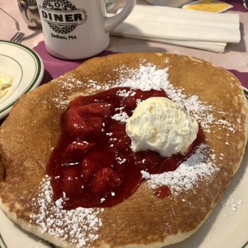 50's Diner - Single pancake with strawberries on top - American Near Me - Dedham, Massachusetts