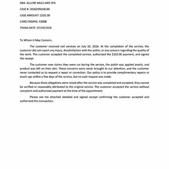 Allure Nails and Spa - Allure's response to my credit card dispute. Lies upon lies about what took place. - Nail Salons Near Me - Douglasville, Georgia Allure Nails and Spa - Allure's response to my credit card dispute. Lies upon lies about what took place. - Nail Salons Near Me - Douglasville, Georgia