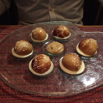 Moderne Barn Restaurant - warm pretzel bites w/ Gruyere cheese fondue and brown mustard - New American Near Me - Armonk, New York Moderne Barn Restaurant - warm pretzel bites w/ Gruyere cheese fondue and brown mustard - New American Near Me - Armonk, New York