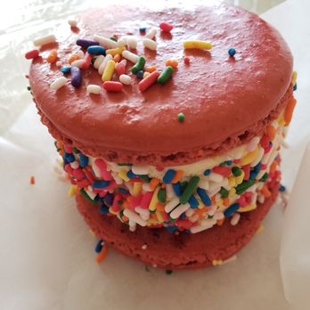 LAB Dessert & Coffee - Red velvet Macaron with vanilla ice cream and rainbow sprinkles - Coffee & Tea Near Me - San Diego, California LAB Dessert & Coffee - Red velvet Macaron with vanilla ice cream and rainbow sprinkles - Coffee & Tea Near Me - San Diego, California