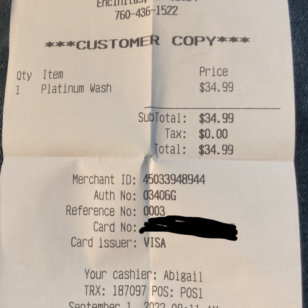 Encinitas Car Wash - The receipt - Car Wash Near Me - Encinitas, California Encinitas Car Wash - The receipt - Car Wash Near Me - Encinitas, California