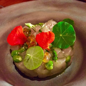 Bouche - Halibut crudo with salmon caviar, English peas and nasturtiums. - French Near Me - San Francisco, California
