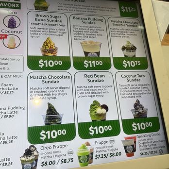 Matcha Cafe Maiko - Menu board featuring matcha desserts and drinks, including sundaes, frappes, and sparkling drinks, with prices and descriptions. - Ice Cream & Frozen Yogurt Near Me - Paramus, New Jersey