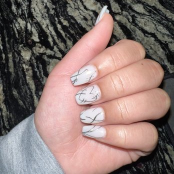 MJ Nails Spa - Gel X white with silver design - Nail Salons Near Me - Henderson, Nevada MJ Nails Spa - Gel X white with silver design - Nail Salons Near Me - Henderson, Nevada