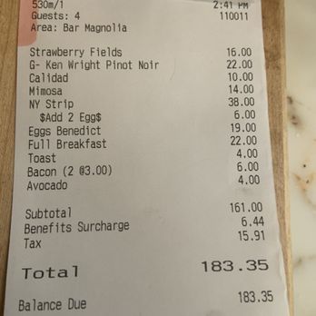 Café Fig - Bill for 4- NOTE: There is a service/benefit surcharge/ added in "for the kitchen" ..... - Cafes Near Me - Los Angeles, California