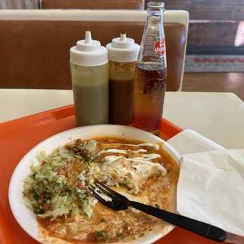 Los Moritas - Cheese enchiladas with red sauce. Mexican apple soda - my favorite but it's often hard to find. Very hot homemade salsas. - Mexican Near Me - Mesquite, Nevada