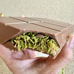 Dubai Milk Chocolate with a substantial amount of pistachio cream and crunchy stuff.