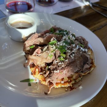 Niner Wine Estates - roast beef over cheddar potato waffle. Mouthgasmic. - Wine Tasting Room Near Me - Paso Robles, California Niner Wine Estates - roast beef over cheddar potato waffle. Mouthgasmic. - Wine Tasting Room Near Me - Paso Robles, California