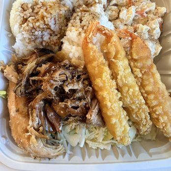 Mo’ Bettahs - Regular plate with tempura shrimp, kalua pork, Mac salad, white rice and teriyaki sauce. - Hawaiian Near Me - Park City, Utah