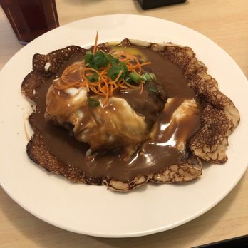 Island Style Cafe - Kaloco Moco, 2 Eggs, 1/2lb Hamburger Patty, Pork Fried Rice served on a Crepe w/ Ham & Onions w/ Brown Gravy - Hawaiian Near Me - Santee, California Island Style Cafe - Kaloco Moco, 2 Eggs, 1/2lb Hamburger Patty, Pork Fried Rice served on a Crepe w/ Ham & Onions w/ Brown Gravy - Hawaiian Near Me - Santee, California