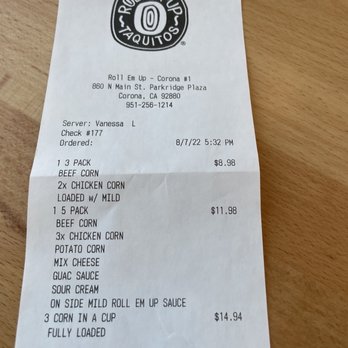 Roll Em Up Taquitos - Hefty bill for taquitos & small cups of corn - Tacos Near Me - Corona, California Roll Em Up Taquitos - Hefty bill for taquitos & small cups of corn - Tacos Near Me - Corona, California