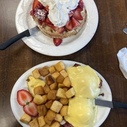 Morning Bites - Strawberry custard waffle. And smoked meat eggs Benedict.  Everything made fresh.