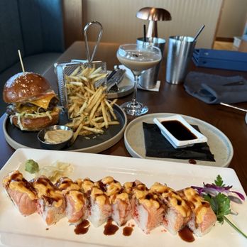 Blue Claw - Cheeseburger and salmon sushi - Sushi Bars Near Me - Houston, Texas